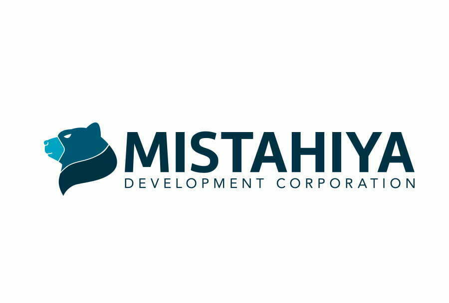 Custom logo for Mistahiya Development Corporation shows a graphic of a grizzly bear in the corporation’s signature colours. Graphic design in Dawson Creek, and across Northern Alberta and British Columbia.