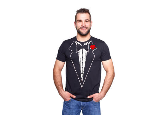 Man wearing tacky tuxedo t-shirt