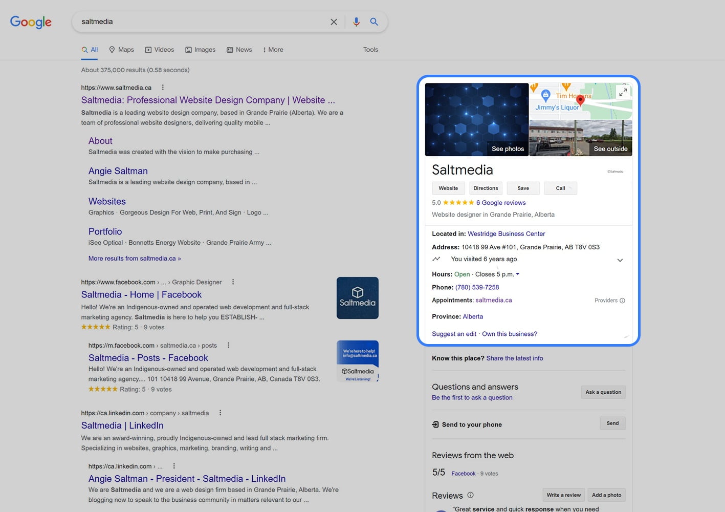 Screenshot of Google My Business listing