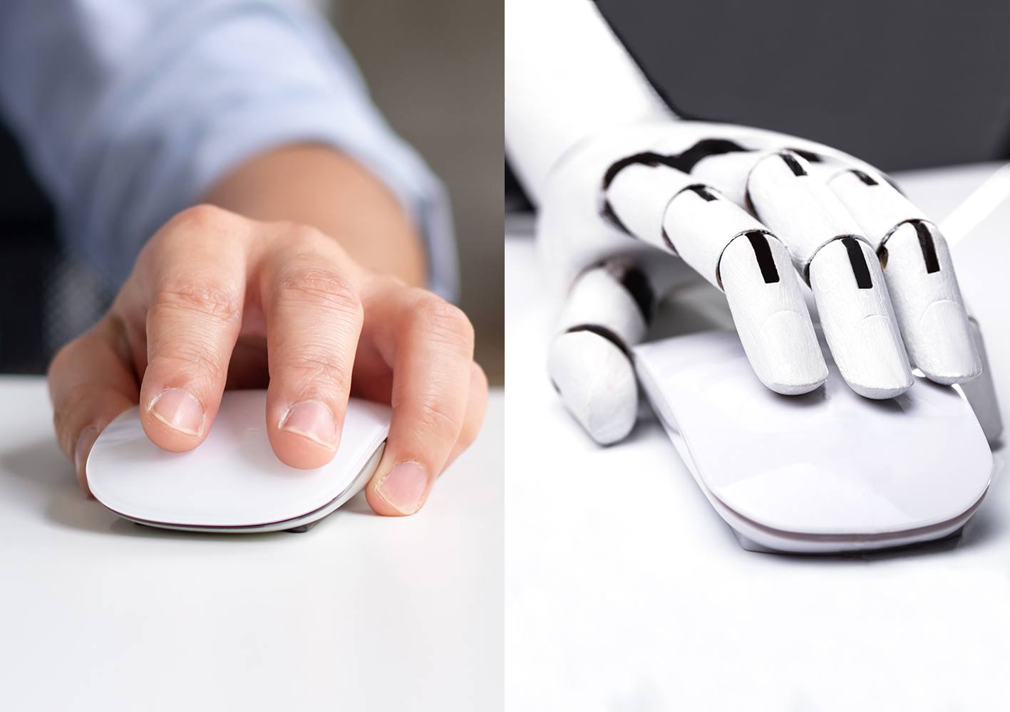 Human and robot hand holding computer mouse