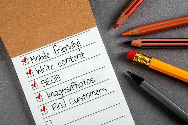 Checklist for Mobile friendly, Write content, SEO, Images, and find customers written on it