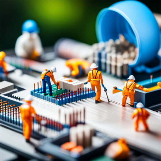 Construction scene using play figurines in orange overalls with white hats. They are adding pieces to a motherboard, constructing a Canadian-owned and controlled data center. 
