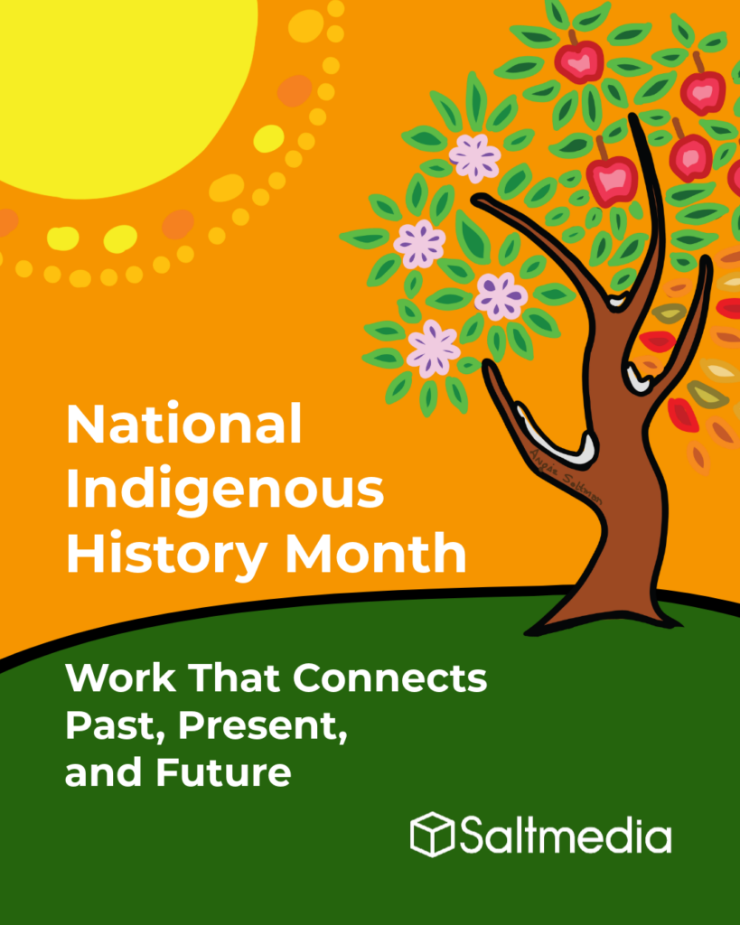Indigenous themed illustration by Angie Saltman of a tree bearing leaves and flowers representing the four seasons. The tree is on a green hill with an orange sky and yellow sun.