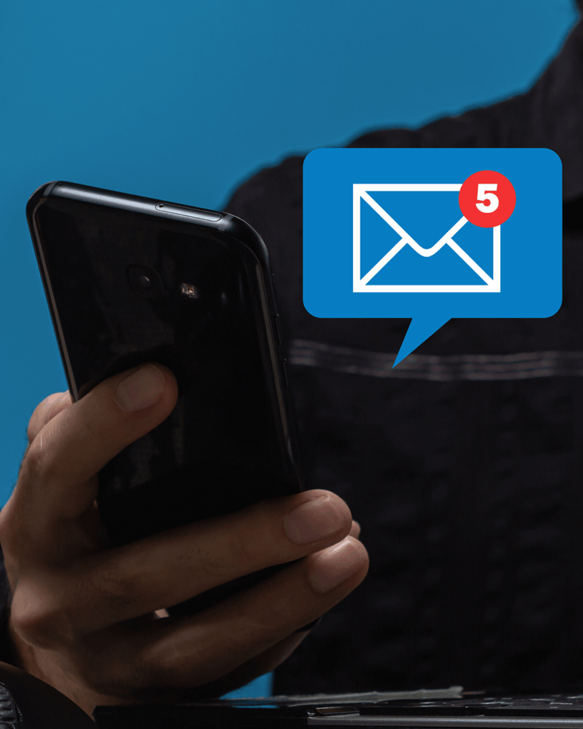 Phone with text bubble appearing next to it with 5 email notifications icon